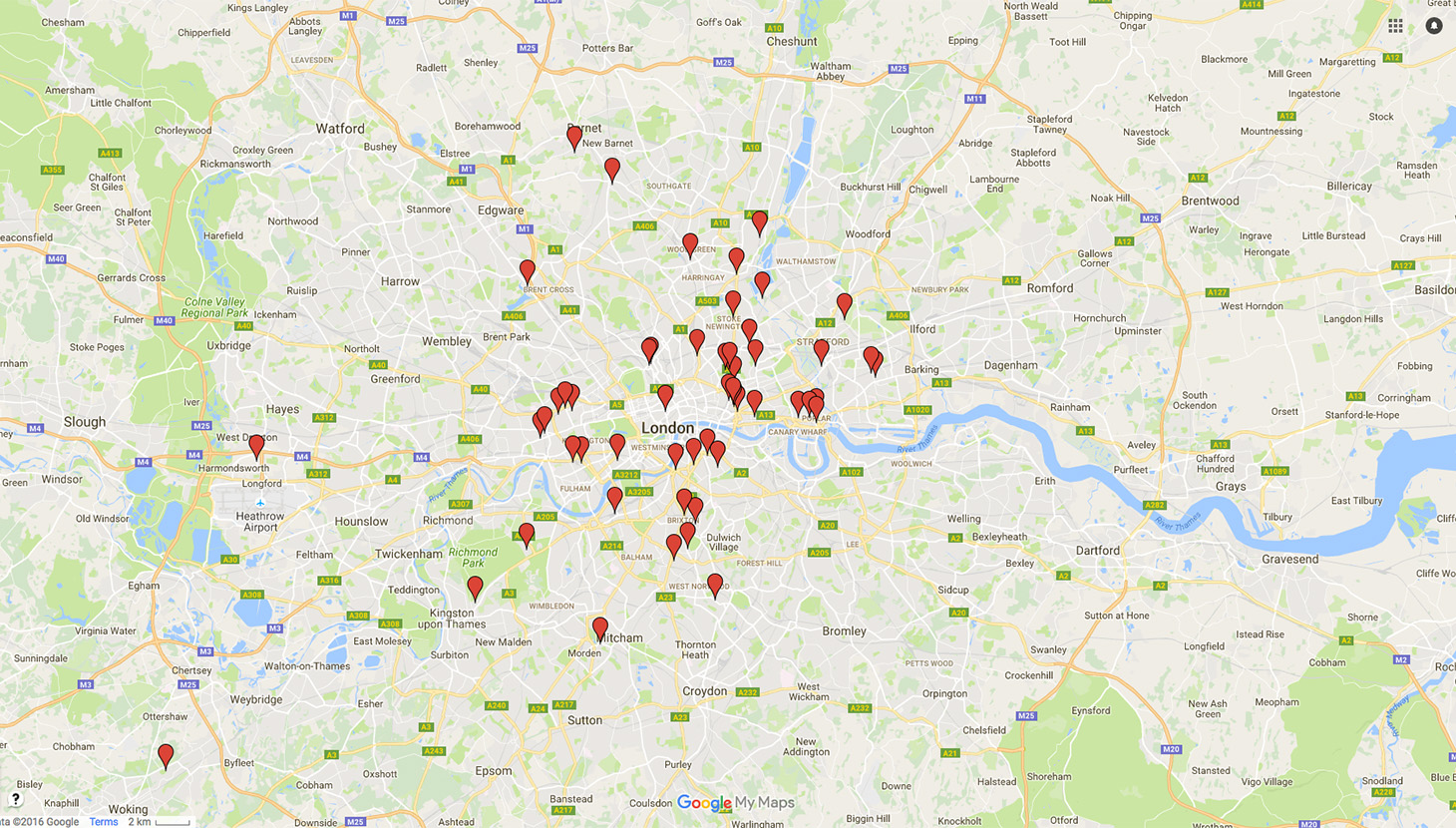 Some of London's housing and gentrification campaigns, including Save Soho, Aylesbury Estate Occupation, Save Earl's Court, Hands Off Knights Walk, Save Norton Folgate, and many others. Map ph. Googlemaps